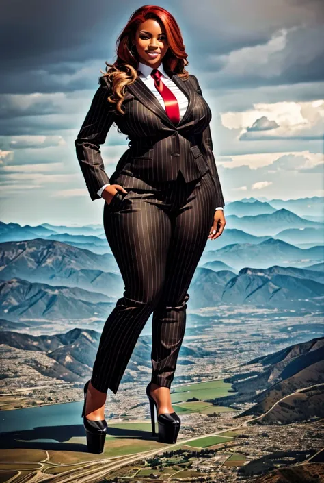 10 miles tall curvy black woman with a beautiful smile, bigger than a giant city, curvaceous figure, natural breast, and long wavy bright red hair with blonde highlights, with a curvaceous figure and massive breasts. wearing the finest light grey pinstripe...