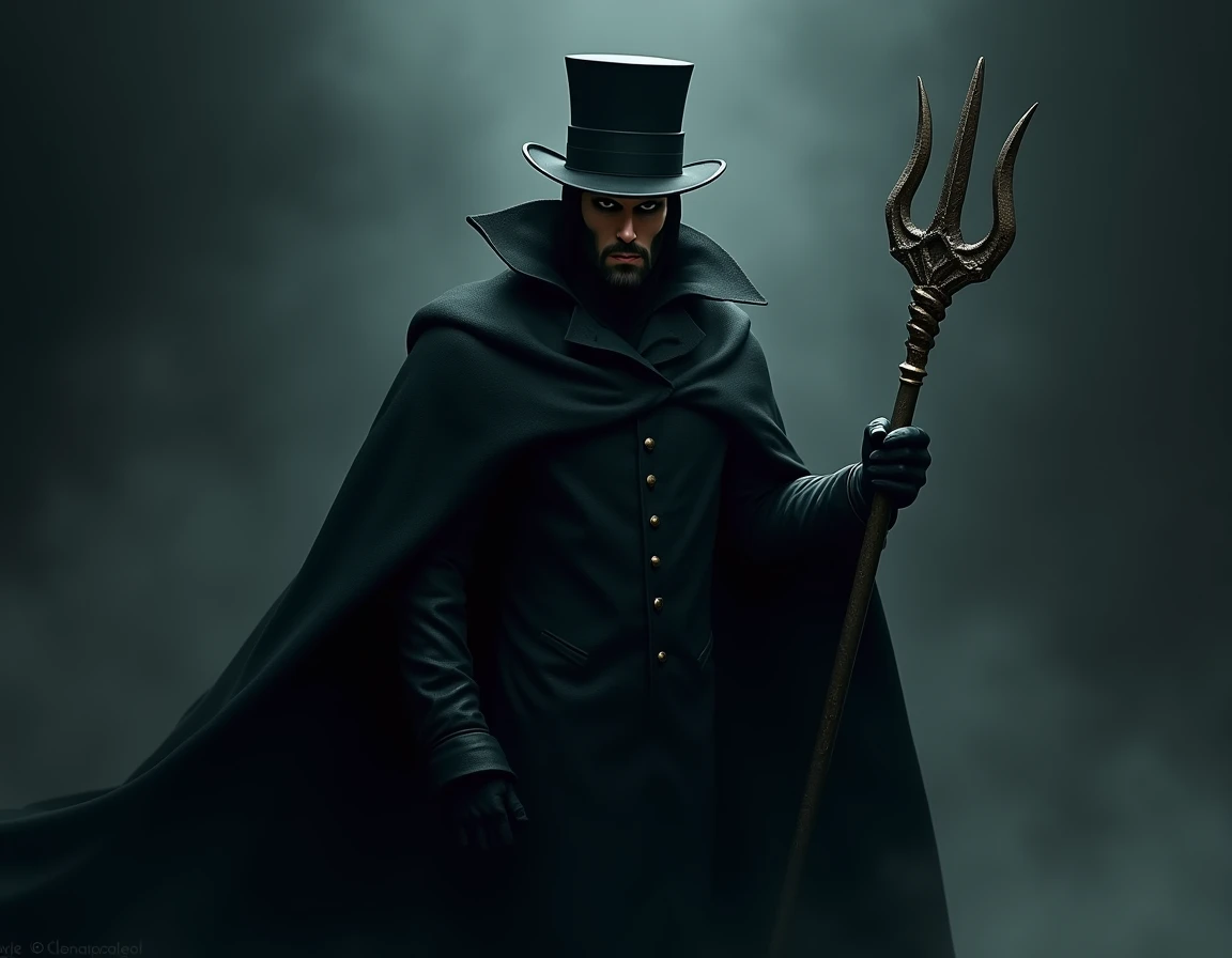  man wearing a top hat and a black cape, Mata Sombria, trident in hand, dark look