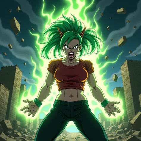 Create a woman in a red shirt and black pants and green hair Skewers and an eye without pupils all white and shes screaming her muscles are huge and shes very angry Aura Verde full of rays with a stormy sky is wreckage flying around the city at night 
Drag...