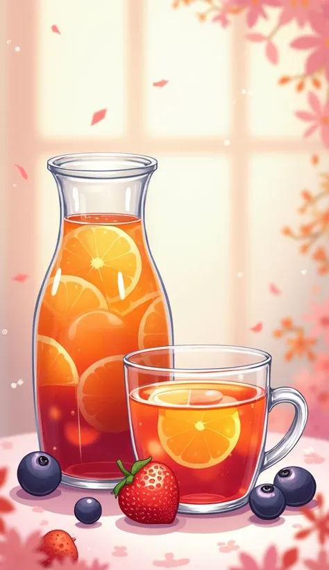 glass jar with juice and glass cup with juice, anime style