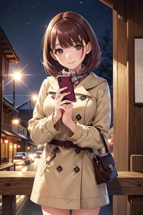 my grandmother、 shiny maroon hair ,  short hair, ( brown pretty eyes、 Sparkling Eyes, Fine grain)、smile、 super detailed eyes 、 very detailed face ,  very detailed eyes, cowboy shots、 1 personの girl,  Alone, 


Winter clothes、Date Attire、 girl、1 person、Town...