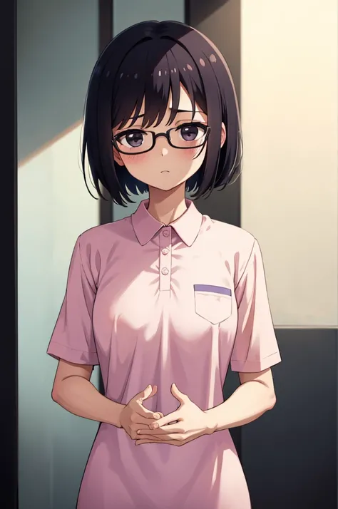 1. woman, transparent pink polo shirt,  short hair,  CACP,  is embarrassing, beautiful指, Shyness,   black hair ,  black eyes, hospital, beautiful, cute,   High Quality , Short sleeve,   glasses perfect hands nipple front