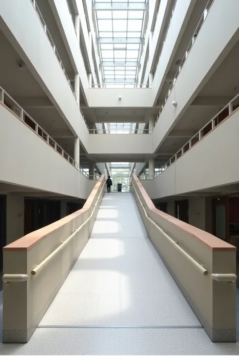 The ramp must connect two levels of a building, with a height difference of 1 . 5 meters and must have a length of 6 meters .