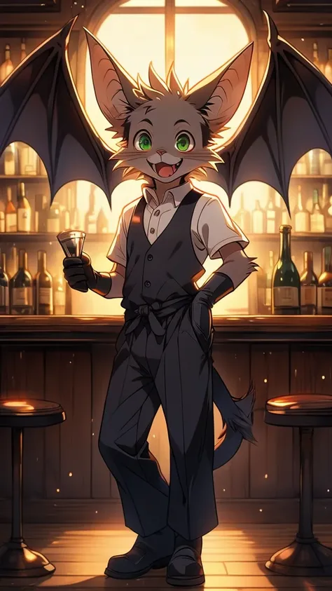 Anime, black bat, bat wings, animal, anthropomorphic, solo, no humans, big ears, green eyes, tiring expression, mens pants, no boots, bartender, mens clothing, big cat tail, ghibli style art, smile, closed mouth, mouth details, eyes details, body details, ...