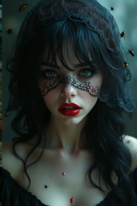  photorealistic, Woman with black hair,  veil of tip over half of the face and vampire teeth with blood. In the background beetles ,  spiders and cobwebs . Format 1:1