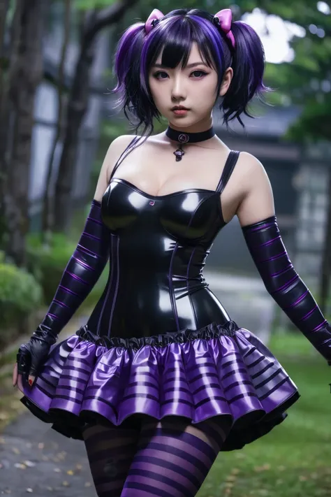  Attractive Japanese human female anime inspired by the Pokémon Gothitelle,  big hips and big breasts, 4K, detailed, gothic girl, small hair tie ,  she has a shiny black latex dress, purple stripes in her hair  , pantyhose, Shes looking at you.  Its dark o...