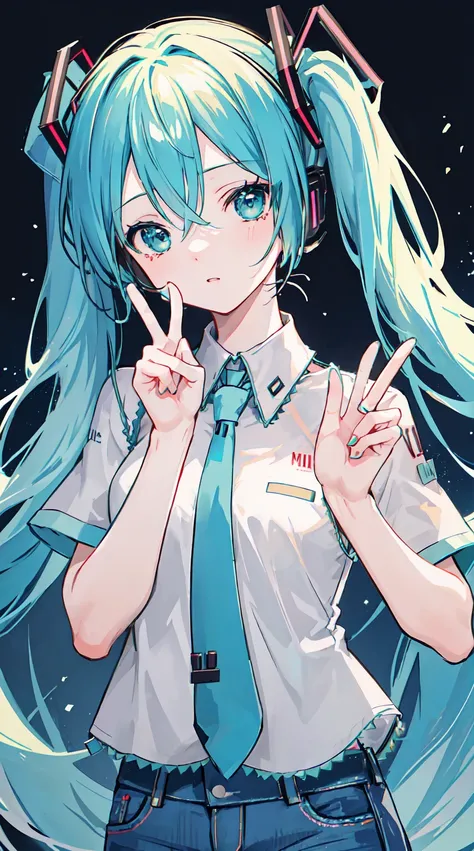 score_9, score_8_up, ( masterpiece :1.2), ( best quality :1.2), ( digital illustration :1.2), Intricate Details, (1 garota:1.3), ( hatsune miku:1.4), ( upper body plane :1.2), (peace gesture  (V-sign)  with hands close to the face :1.2), ( multicolored hai...