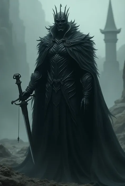 dark monarch black male with shadowy aura and skeleton shaped hilt of a blade 