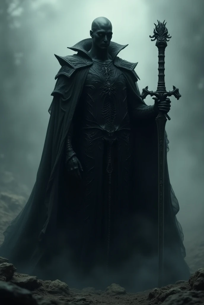 dark monarch black male with shadowy aura and skeleton shaped hilt of a blade 