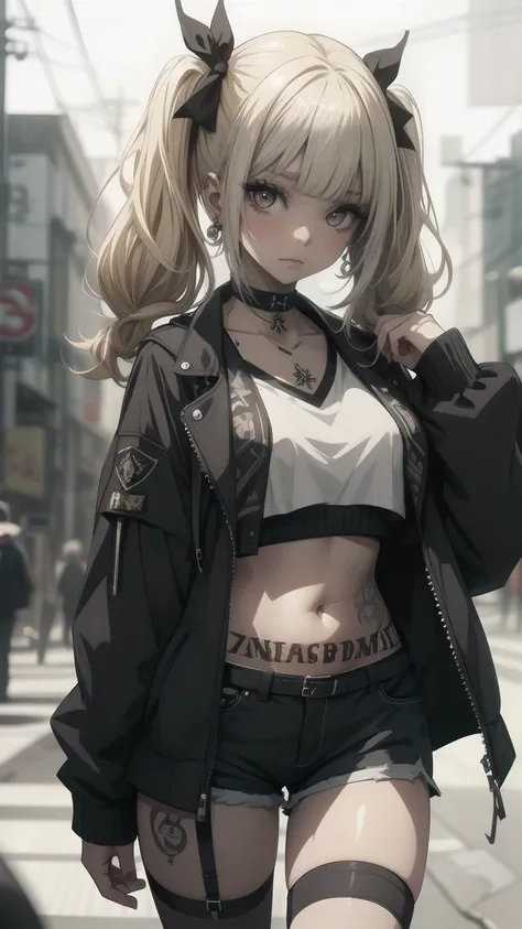 anime art of a Blondeed girl with yellow hair and black jacket, One girl, Alone, belly button, Shorts, jacket, Long Hair, smile, abdomen, chest, Open your mouth, black jacket, Twin tails, Choker, short Shorts, View your viewers, Hair accessories, belt, whi...