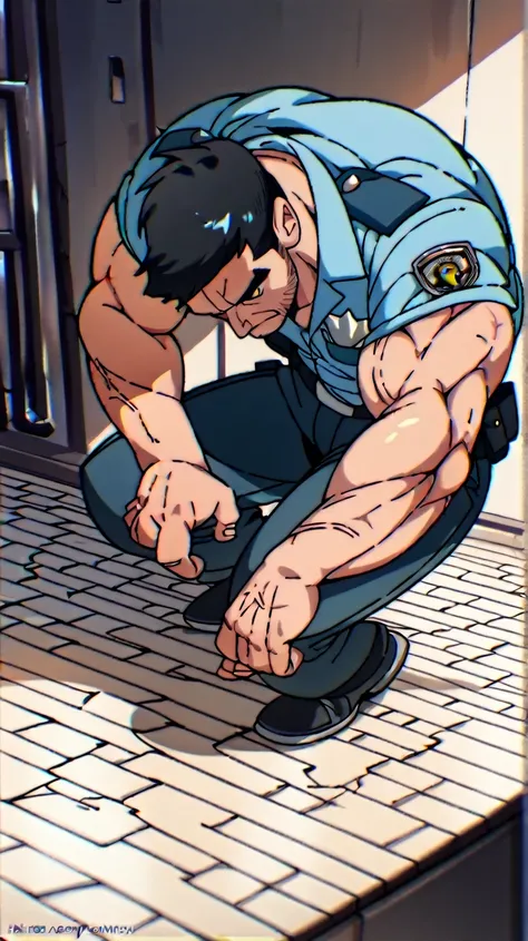 A muscular and imposing man in a police suit.