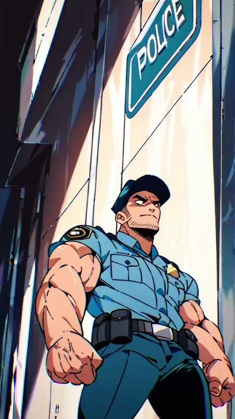 A muscular and imposing man in a police suit.