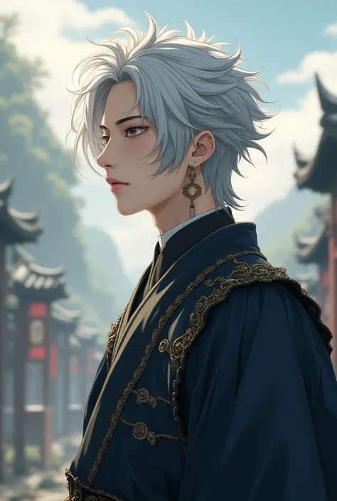 medieval man,  is facing the front,  silver hair, solo,  Looking Ahead, Outdoor,  Cinematic Angle , Asymmetrical hairstyle, masterpiece, Best Quality,  very aesthetic,  ultra high resolution、Realistic、Asian、anime illustration