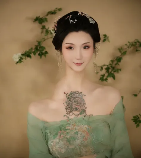 一个正在播讲新闻的Beautiful的中国主持人，Beautiful， The skin is as white as jade ，With enchanting tattoos。The dress is also very bold and sexy，Off the shoulder and low chest，antique bandeau， huge  full of milk。The smile on the face。