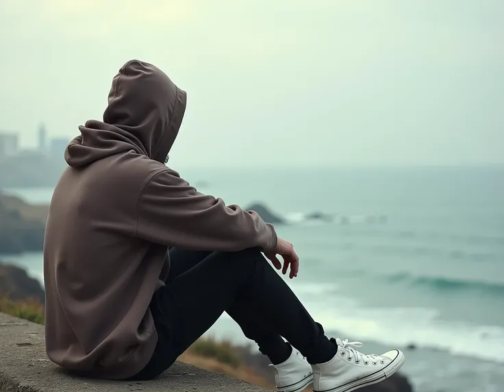  Take a realistic photo of a tall, skinny man in a hooded man who cant see his face sitting watching the sea in the coastal town of Panama. Have the photo taken behind the person . That he wears not a long coat but a chocolate sweatshirt that is not a bran...