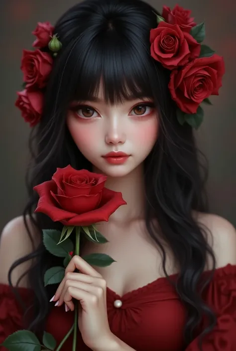 woman with dark and long hair, with bangs,  brown eyes, white pele, European features, roses in hair, she is holding a red rose, beautiful fantasy portrait, beautiful fantasy art portrait, 8k soft portrait photo, beautiful digital art, fantasy portrait, Lo...