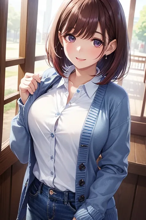 my grandmother、 shiny maroon hair ,  short hair, ( brown pretty eyes、 Sparkling Eyes, Fine grain)、smile、 super detailed eyes 、 very detailed face ,  very detailed eyes, cowboy shots、  1 girl,  Alone, 


 open chest 、(( blue cardigan、BREAK white shirt ))、De...