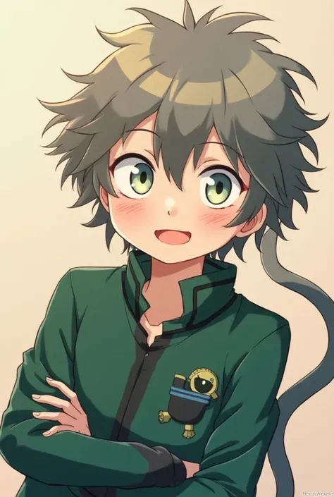  Boku No Hero wallpaper .
 A little long haired boy with a tail ,  his hair color is between a greyish and brown mix , But it is a single color ,  pastel green eyes more or less ,  he must have a scar on his right eye that goes through his entire eye,  uni...