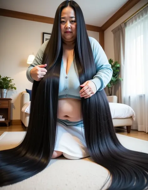 8k,Highest quality, masterpiece, Ultra-high resolution,(masterpiece:1.6, Highest quality), Intricate details,Middle-aged woman in her 50s, japanese, full body, breast hold, ((learning forword:1.4)),top of head, ((an absurdly long hair:1.5)),((jet Black Hai...