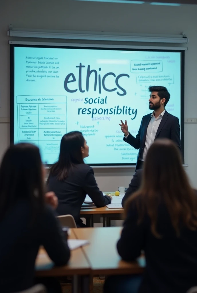  A modern university classroom where a group of young engineering students Business in Peru is on the lookout for a teacher who explains on a digital whiteboard. On the screen,  keywords such as ethics stand out , social responsibility ,  and academic educ...