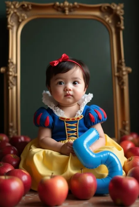  Baby dressed as snow white with DS number 5 balloon and with red apples wrapped around a mirror 