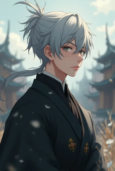 medieval man, front、  silver hair, 、solo, Apathy、 Looking Ahead, Outdoor,  Cinematic Angle , Asymmetrical hairstyle, masterpiece, Best Quality,  very aesthetic, Inorganic background、 ultra high resolution、Realistic、Asian、anime illustration