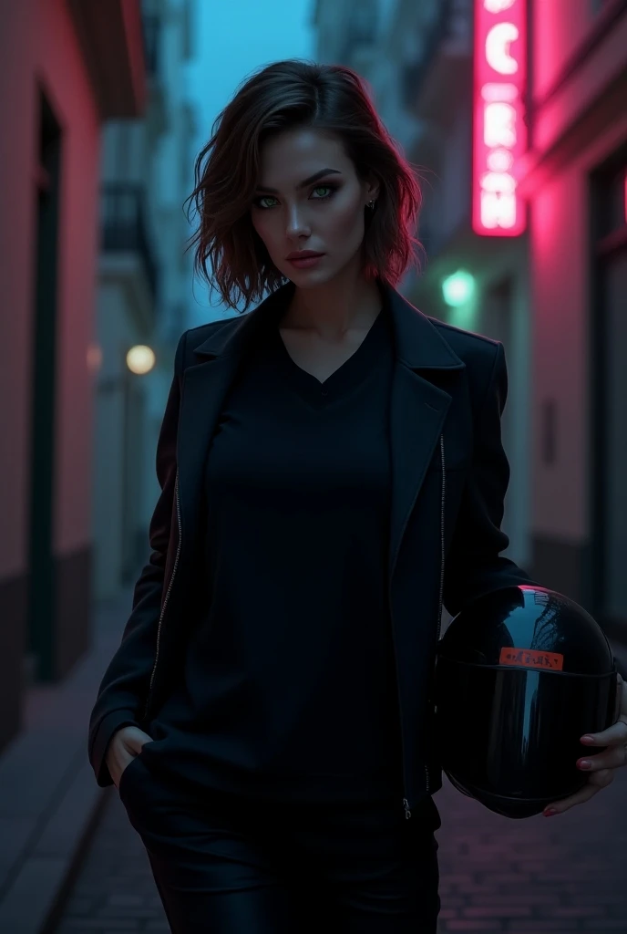 Realistic Illustration,  full body portrait . digital art.  Aesthetic and romantic image . pose frontal, zoom, Approach., diagonal view.  night environment, Midnight, dark.  A woman in an alley next to the stairs to go up to her apartment .  she is beautif...