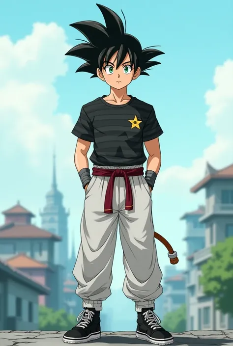 I want you to do the OC of a character in the trait style from the anime Dragon Ball, A 15-year-old male OC , light skin, average physique/strong, 1. 78 tall ,  with smooth and scattered black hair pulled to the left side of the face and spiked ,  has jade...