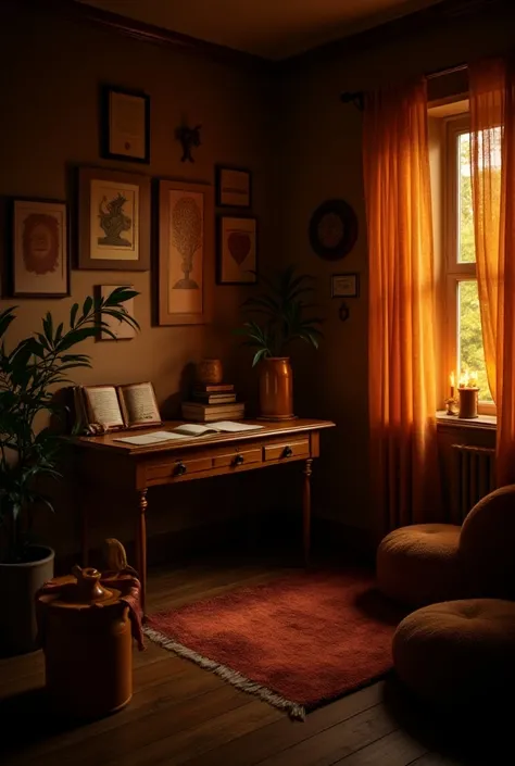 room with decoration for a Sagittarius person, self-knowledge and personal growth, based on the color orange, an environment with Sagittarius decoration elements, symbolism, astrology, intimate light, dramatic light, dim light, completely mystical aestheti...