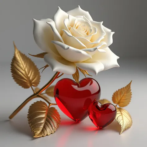 Photorealistic gold and white rose, red glass heart, small red heart, romantic still life, metallic gold leaves, shiny surfaces, grey background, studio lighting, high detail, ultra-high resolution, 3D rendering, Valentines Day theme, luxury aesthetic, ele...