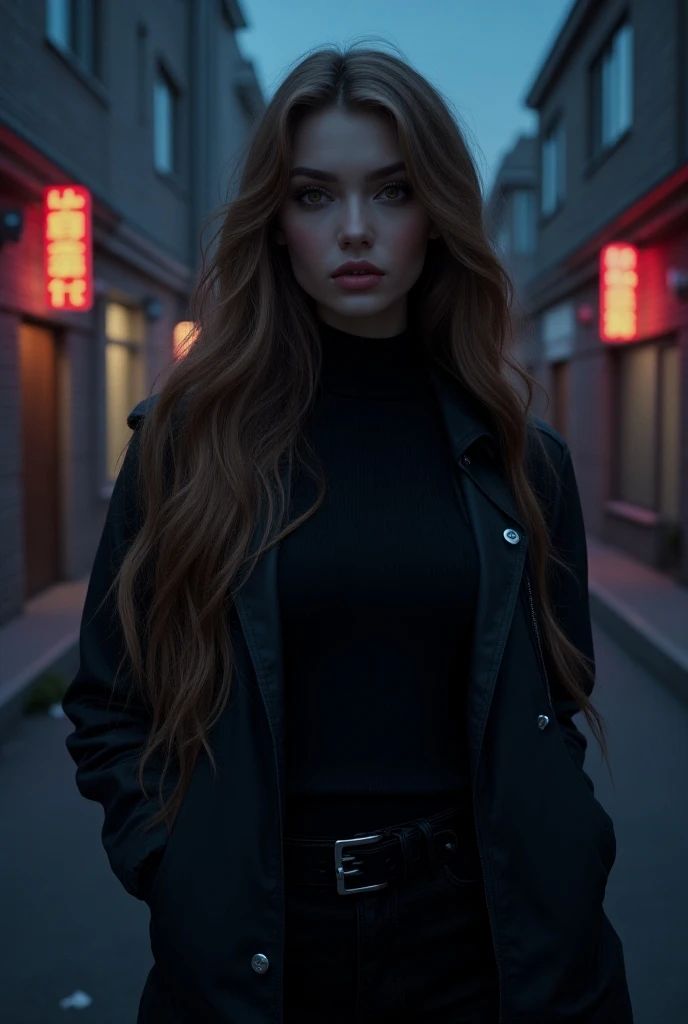 Realistic Illustration,  full body portrait . digital art.  Aesthetic and romantic image . pose frontal, zoom, Approach., diagonal view.  night environment, Midnight, dark.  A beautiful young woman in a suburban alley, She is waiting next to her big BMW mo...