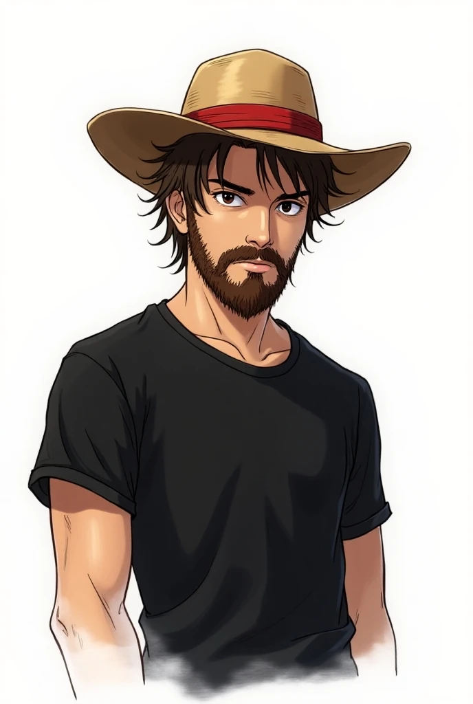 Créer moi une illustration d’Un homme au style manga : il est brun, porte une barbe bien dessinée. Il porte un chapeau de paille, avec un large bord et un ruban rouge autour et un simple teeshirt noir. Le fond est entièrement blanc pour bien faire ressorti...