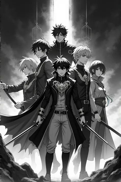 I need images of black and white of anime heroes squads or protagonist organizations or teams 