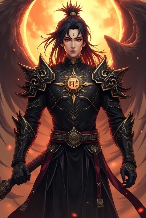 Handsome young  xianxia protagonist,Chinese handsome,clear face detailed,perfect lighting,guy,man,long black obsidian hair, dark Phoenix crown,Crimson red eyes combination ,and long black tint hair,and the golden rune motiv  engraved on his forehead,use ar...