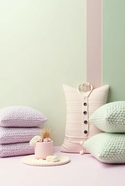  Create an image that represents a company called Hilorama that is dedicated to the hand knitting of things for the home, events,  clothes and others with crochet ,  that the image has pastel colors that is minimalist , with colors lilac ,  light green and...