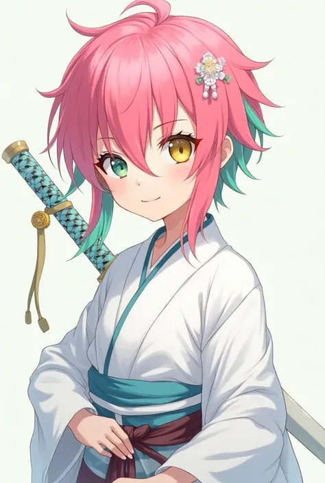  Take a picture of a 17-year-old r with pink waits and green tips in the hair as well as a yellow and a green eye
In the anime Sille also wears a white Haori and a white,light blue katana 