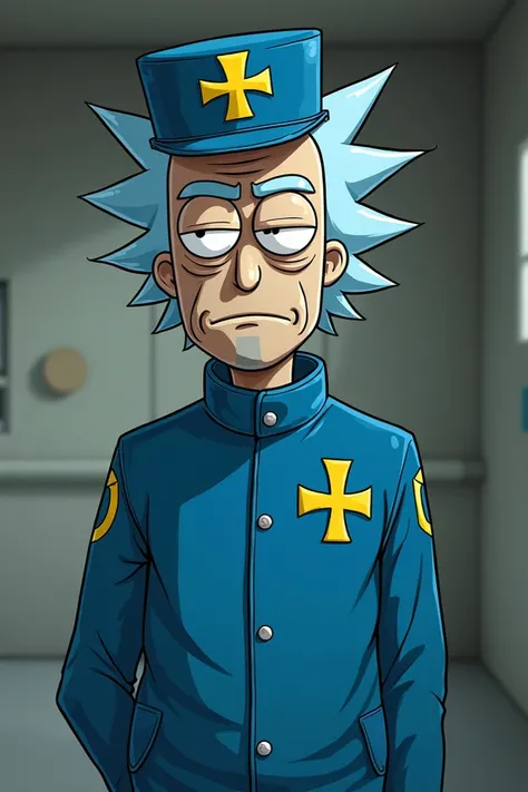 Draw Rick from Rick and Morty in the blue cross uniform 