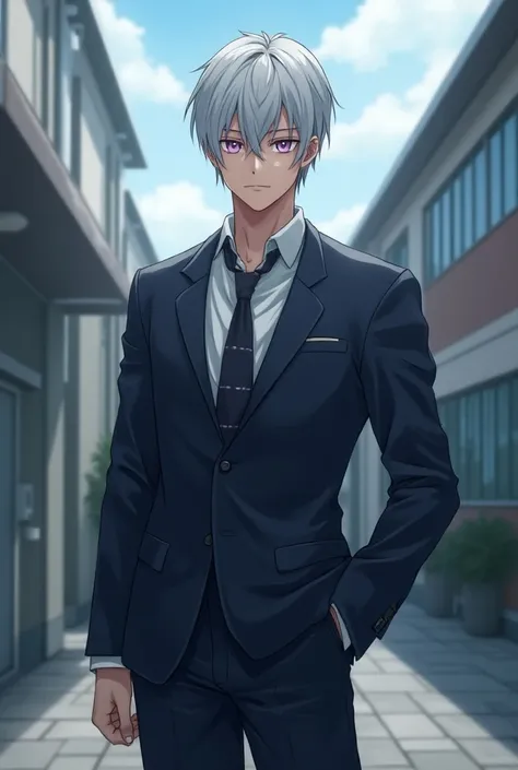 make an anime teenager in highschool  with a school uniform onaround 6,2 silver hair amethyst purple eyes,tall a bit muscular small 6pack,hot but a bit emotionless overall attractive.