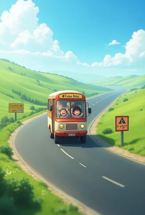 A bus written CARVALHOS / TREVO on a deserted highway and a sign on the edge of the asphalt written CARVALHOS 7KM .  The highway is surrounded by hills with green grass and from the bus windows the passengers waving happily.