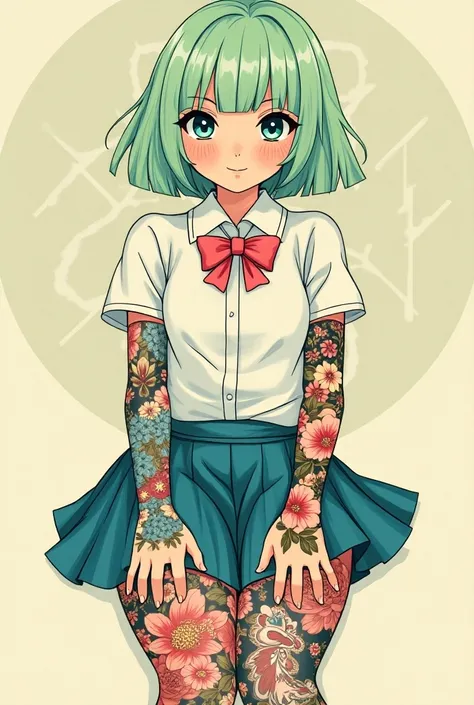 A fascinating surreal illustration of a young German girl.. She has pastel green hair with straight bangs., cyan eyes, and wears a school uniform.. Freckles dot her smooth skin, warm complexion, Boldly, Colorful tattoos cover her arms and legs.. The tattoo...