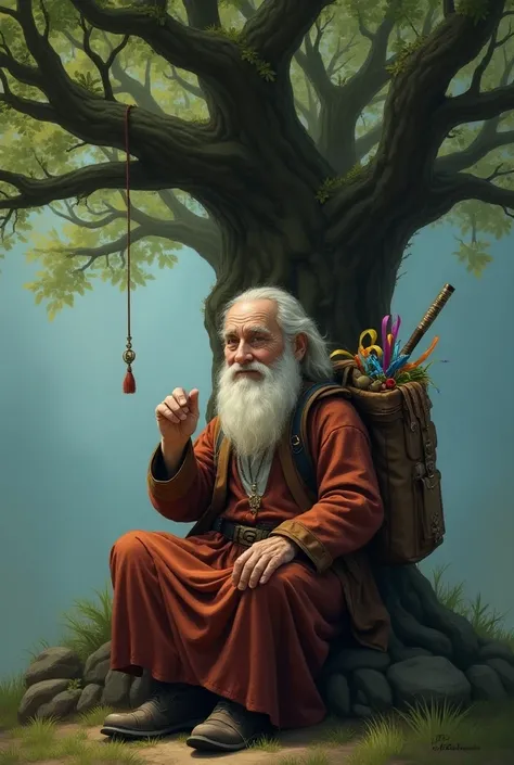 Wise old man under a special tree with many branches with a wise expression and a slight smile and a magic backpack with details like the magic wand and colored ribbons visible