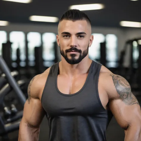 a handsome male trainer with characteristic face with short hair side shaved with trimmed beard, very attractive features strong body bodybuilder in a well fit outfit showing his muscles in a gym area sweating in a training vest showing his abs make him bi...