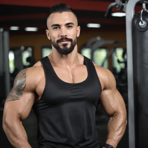 a handsome male trainer with characteristic face with short hair side shaved with trimmed beard, very attractive features strong body bodybuilder in a well fit outfit showing his muscles in a gym area sweating in a training vest showing his abs make him bi...