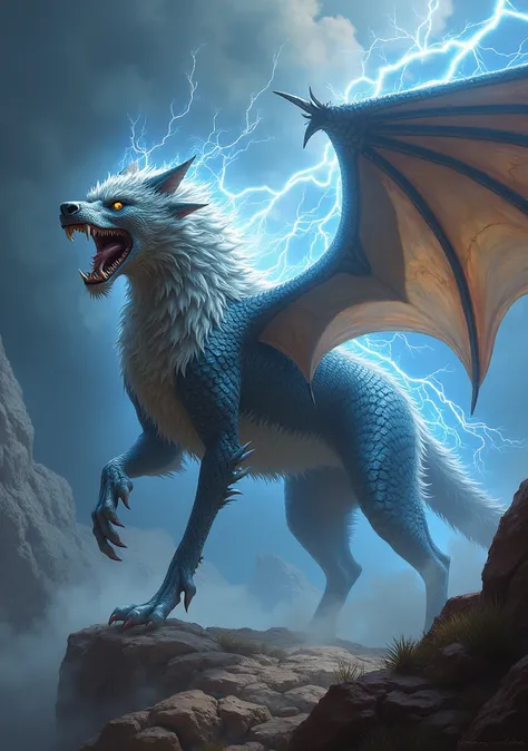 A thunder dragon wolf beast with wings, full body, master piece