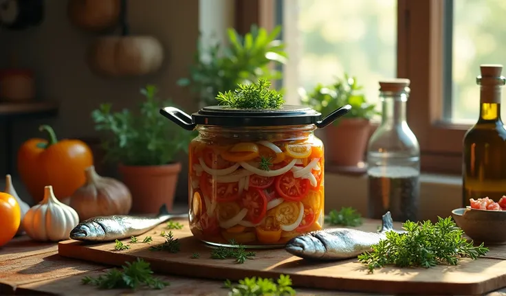 Here is an ultra-realistic cinematic image of a traditional kitchen setting featuring a pressure cooker filled with layered sardines, sliced onions, tomatoes, bell peppers, and fresh herbs. The scene captures every detail, with the pressure cooker centered...