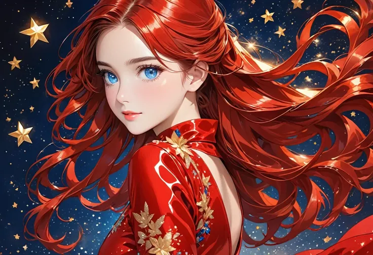 Very beautiful girl wearing a shiny red dress, long shiny red hair and blue eyes in a golden stars background