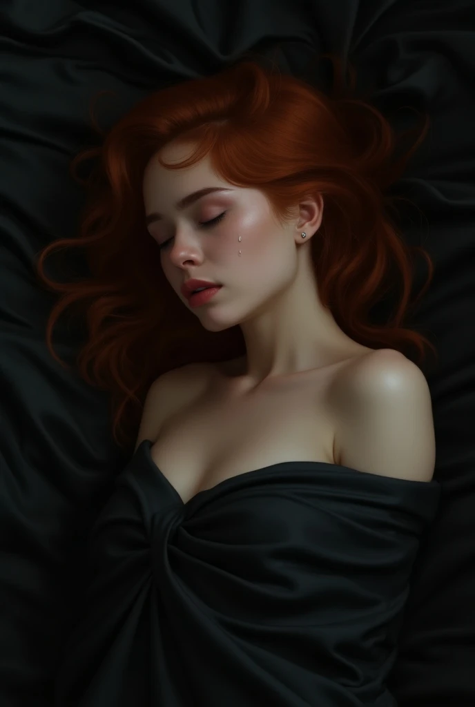  Red-haired woman asleep in bed with black sheets covering her body, with a small tear flowing down her cheek . 