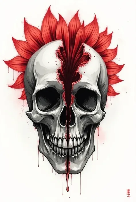 Skull split in half with red chrysanthemum  in the background sketch tattoo