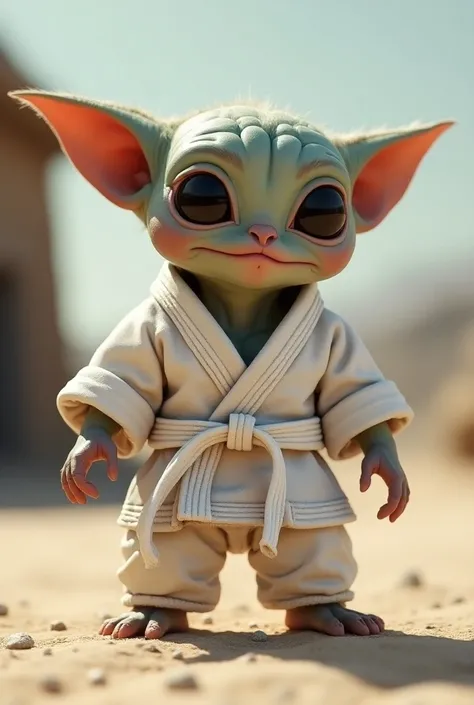 Star wars grogu wearing a bjj gi with a white belt