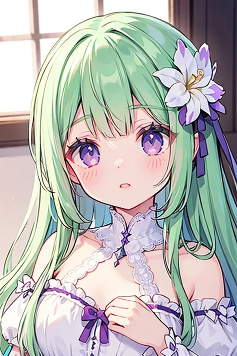 Beautiful eyes, beautiful lips, purple eyes, straight long green hair, calm, gentle, serene, noble, goddess, lolita dress, iris flower, beautiful detail lace and frill